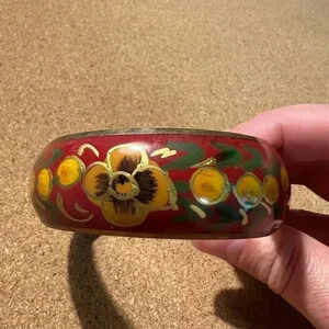 Vintage Brass Red Flower Enamel Bangle Bracelet